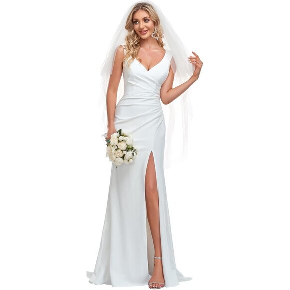 Women’s V Neck Sleeveless Bridal Wedding Dress with Slit Floor Length Mermaid Go